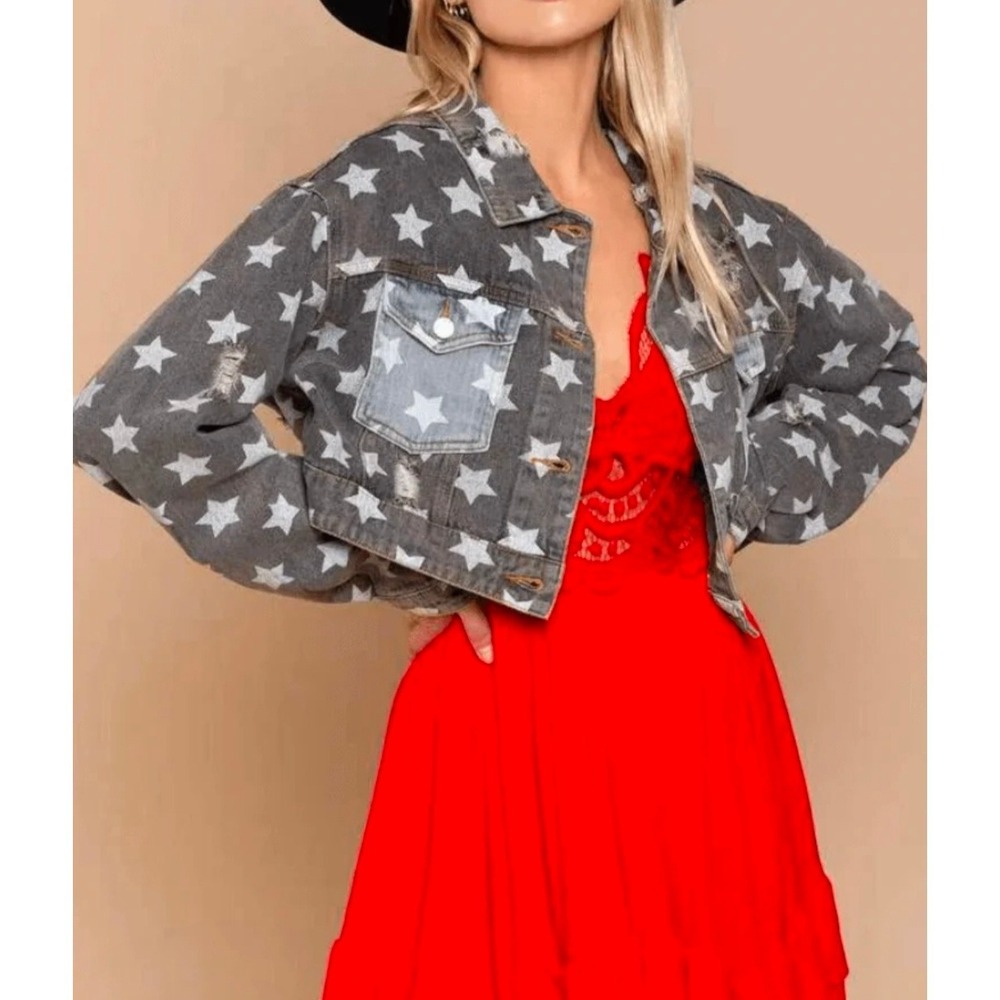 POL Star Print Distressed Denim Jacket Charcoal Grey Cropped 4th July Sz Small